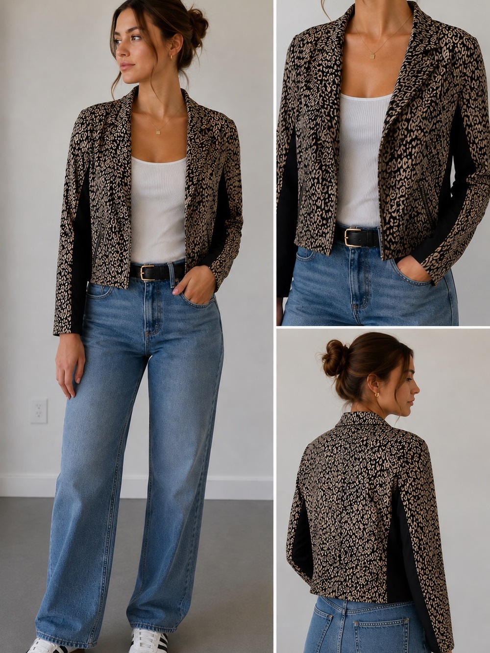 Chico's Women's Size 2 Leopard Print Blazer Jacket Black Tan Stretch